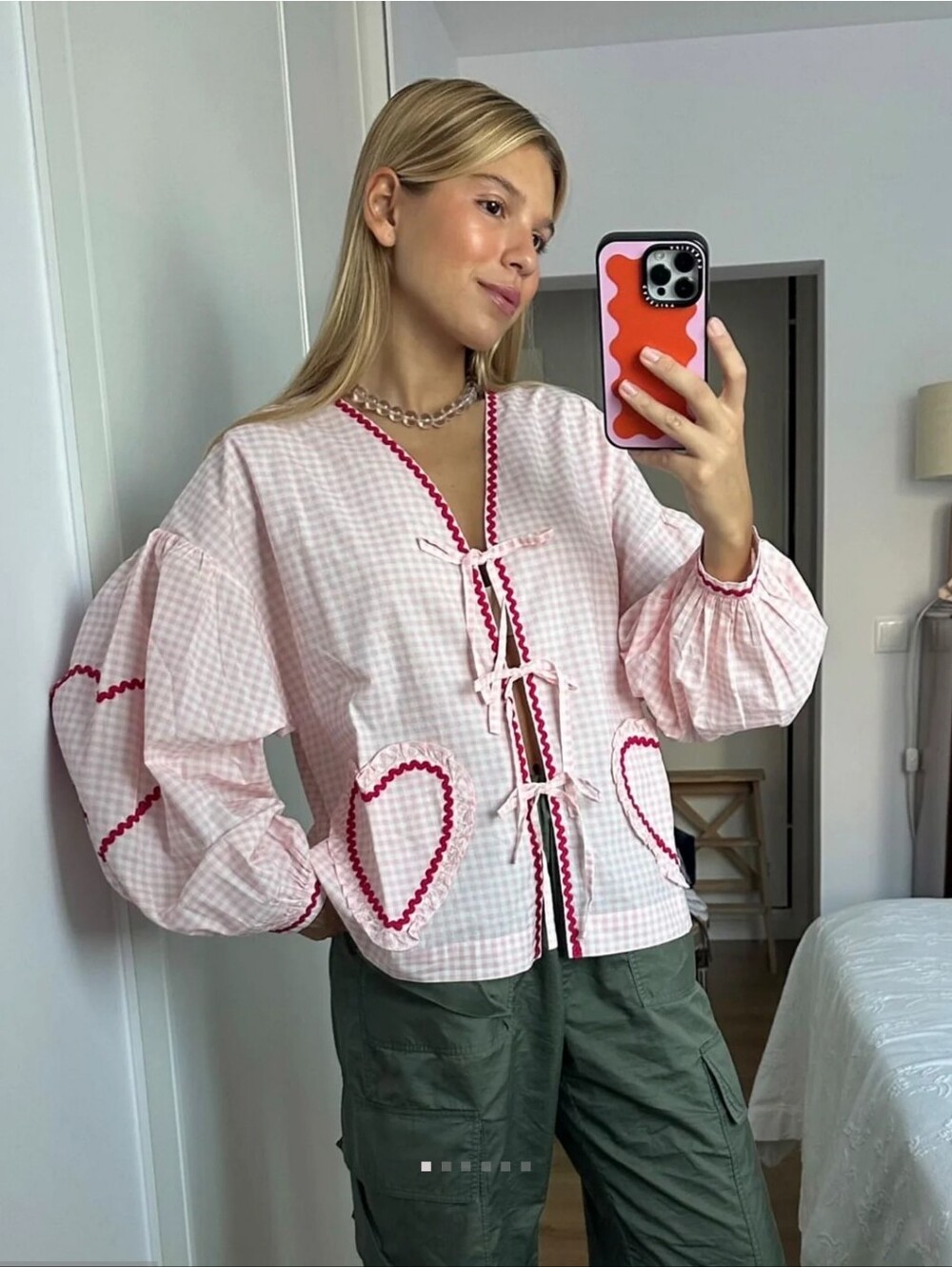 Astrid Embroidered Coquette Heart Pink Gingham Tie-Front Heart Top Blouse Y2K